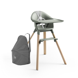 Glacier Green Clikk high chair with wooden legs on a white background, featuring certification logos. Includes a Travel Bag.