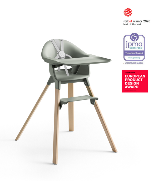 Glacier Green Clikk high chair with wooden legs on a white background, featuring certification logos.
