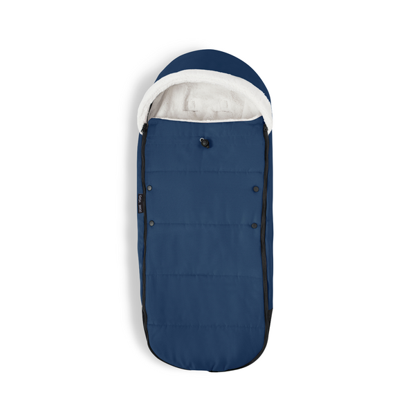 Blue baby stroller footmuff with white interior on a white background