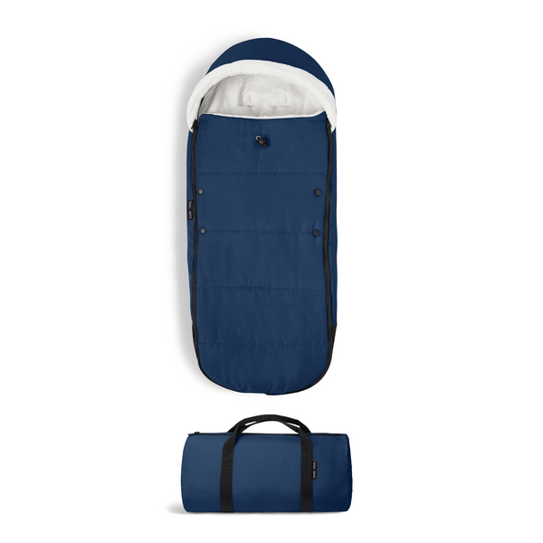 Blue sleeping bag with white interior and black handle on a white background